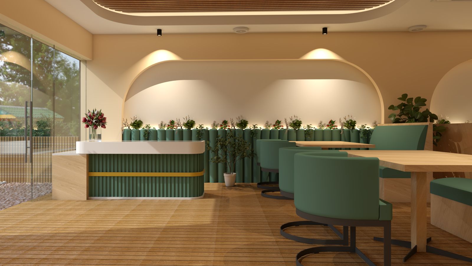 Elegant cafe reception with green accents and arch ceiling