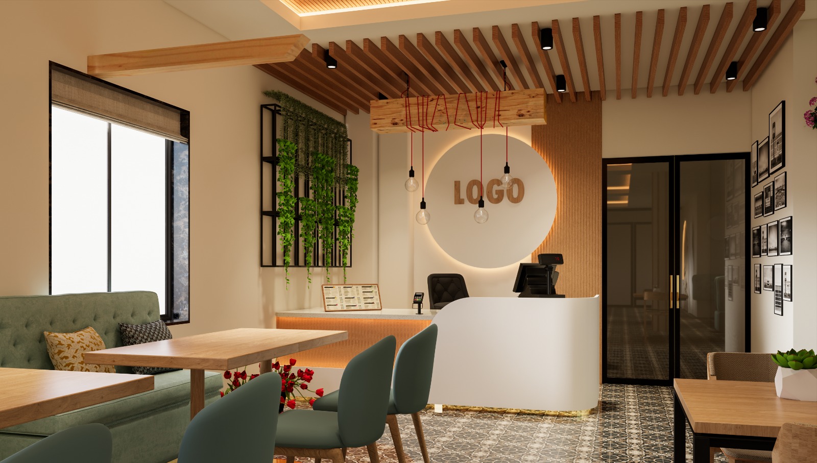 Restaurant interior with decorative wall panels and ambient glow