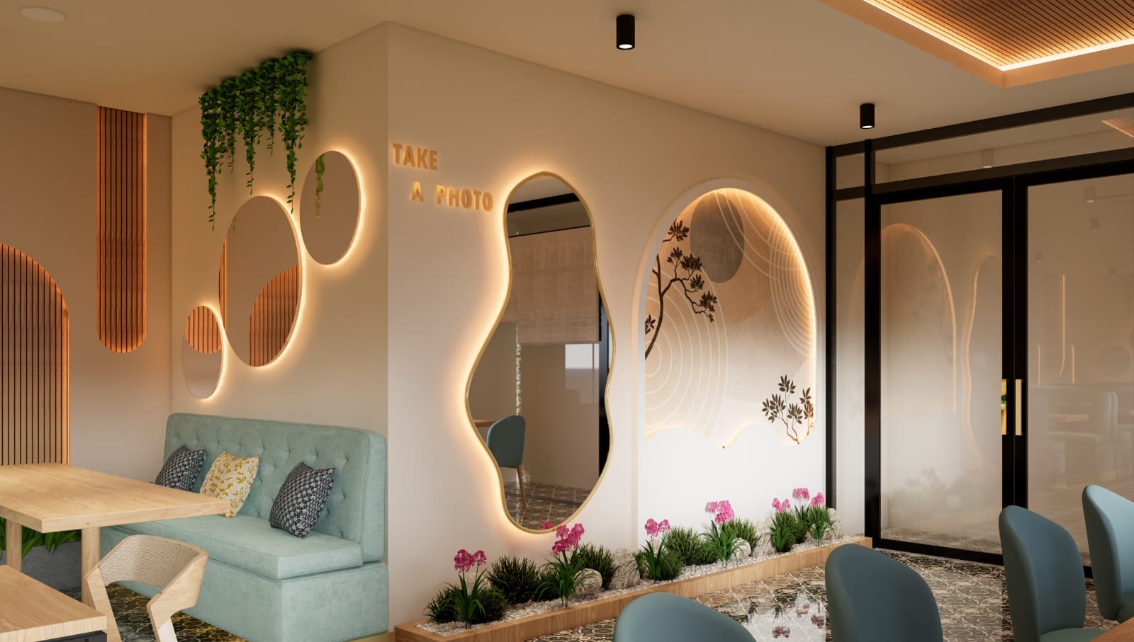 Modern cafe interior with teal seating and wooden accents